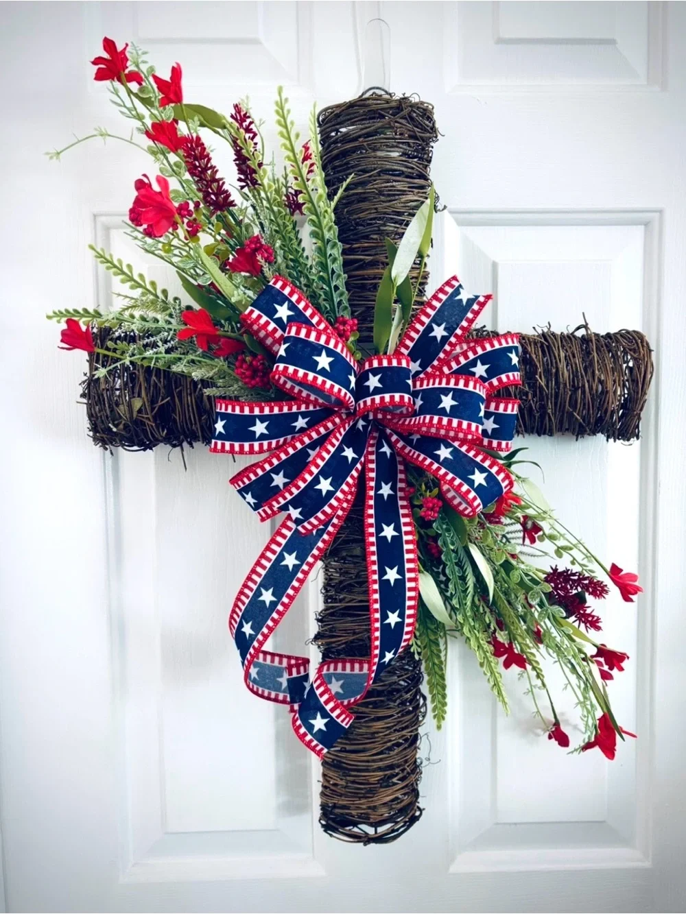 Patriotic Red Floral Grapevine Cross Wreath